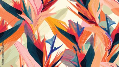 Papier peint  Exotic abstract tropical pattern with strelitzia flower or bird of paradise. Colorful botanical abstract contemporary seamless pattern