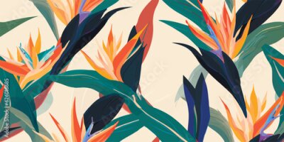 Papier peint  Exotic abstract tropical pattern with strelitzia flower or bird of paradise. Colorful botanical abstract contemporary seamless pattern. Hand drawn unique print