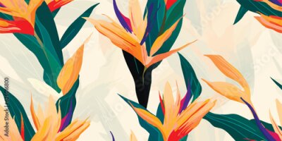 Papier peint  Exotic abstract tropical pattern with strelitzia flower or bird of paradise. Colorful botanical abstract contemporary seamless pattern. Hand drawn unique print