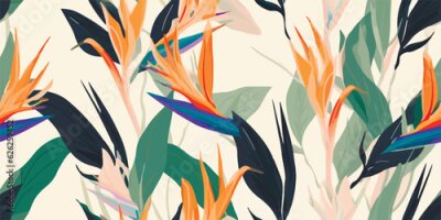 Papier peint  Exotic abstract tropical pattern with strelitzia flower or bird of paradise. Colorful botanical abstract contemporary seamless pattern. Hand drawn unique print