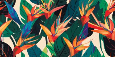 Papier peint  Exotic abstract tropical pattern with strelitzia flower or bird of paradise. Colorful botanical abstract contemporary seamless pattern. Hand drawn unique print