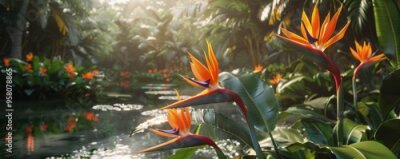 Papier peint  Exotic bird of paradise flowers in tropical garden, 4K hyperrealistic photo