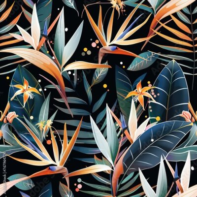 Papier peint  Exotic bird of paradise plants in seamless tropical pattern. Vibrant strelitzia and foliage for textile or wallpaper. Stylish botanical print for fashion decor