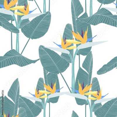 Papier peint  Exotic blue strelitzia flowers and leaves, white background. Floral seamless pattern. Tropical illustration. Summer beach design. Paradise nature.