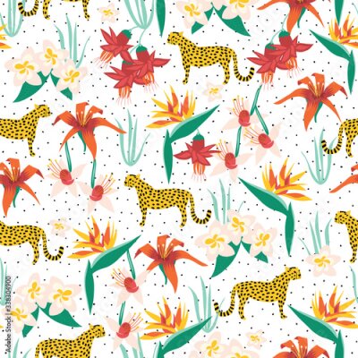 Papier peint  Exotic flower and animal seamless vector summer pattern. Cheetah and tropical Frangipani, Plumeria, Lily, Fuchsia, Strelitzia reginae, Bird of Paradise Flower and African wildcat on white background.