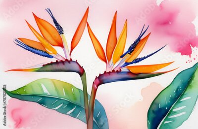 Papier peint  Exotic flower on pink background, strelitzia, watercolor illustration for design, postcard 