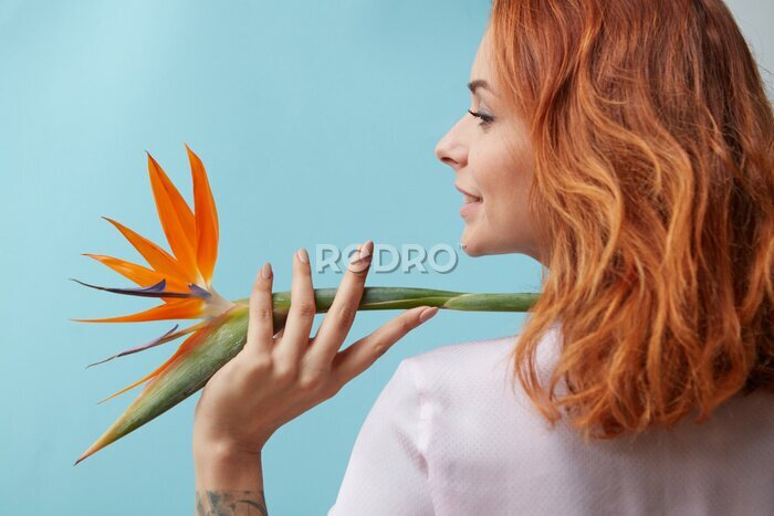 Papier peint  Exotic flower strelitzia decorates shoulder smiling woman on a blue background with copy space. Postcard layout