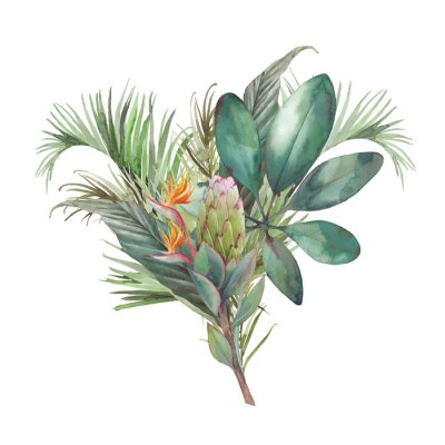Papier peint  Exotic flowers and palm tree illustration on white background. Strelitzia royal and green leaves. Bird of Paradise and protea plant bouquet