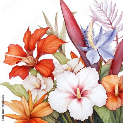 Papier peint  Exotic flowers Orchid heliconia bromelia hibiscus and strelitzia Botanical painting watercolor illustration flora