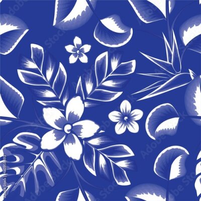 Papier peint  Exotic jungle plants illustration pattern with blue abstract monochromatic frangipani flower, strelitzia and monstera leaves. Fashionable template for design. summer design vector themated