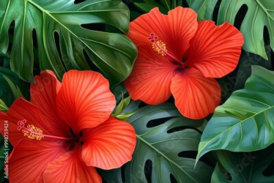 Papier peint  Exotic jungle wallpaper with red hibiscus and strelitzia floral seamless pattern. Generative stock.