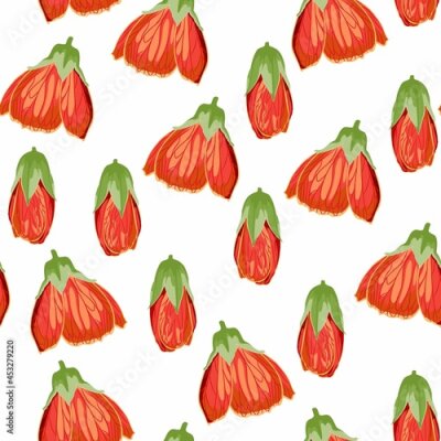 Papier peint  Exotic natural  tropical bell flower  composition on white background. Beach seamless pattern wallpaper with orchid, strelitzia, passiflora flowers.