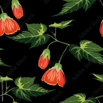 Papier peint  Exotic natural  tropical bell flower with leaves composition on black background. Beach seamless pattern wallpaper with orchid, strelitzia, passiflora flowers.
