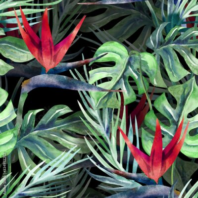 Papier peint  Exotic Plant Seamless Pattern. Watercolor Background with Strelitzia Flowers.