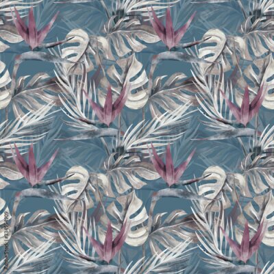 Papier peint  Exotic Plant Seamless Pattern. Watercolor Background with Strelitzia Flowers.