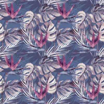 Papier peint  Exotic Plant Seamless Pattern. Watercolor Background with Strelitzia Flowers.