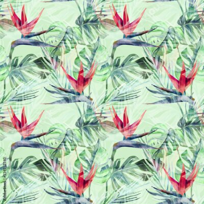 Papier peint  Exotic Plant Seamless Pattern. Watercolor Background with Strelitzia Flowers.