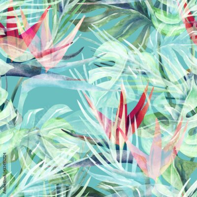 Papier peint  Exotic Plant Seamless Pattern. Watercolor Background with Strelitzia Flowers.