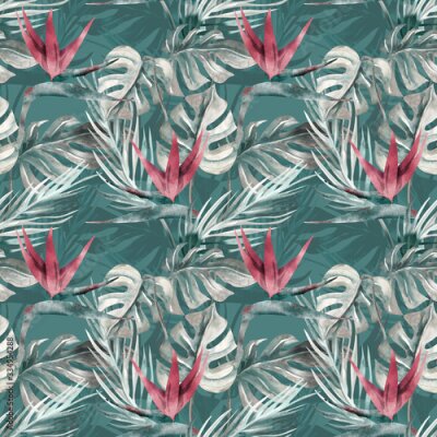 Papier peint  Exotic Plant Seamless Pattern. Watercolor Background with Strelitzia Flowers.