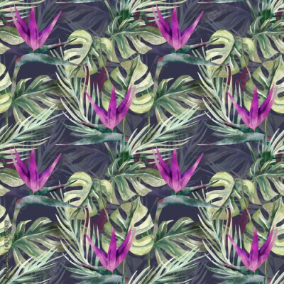 Papier peint  Exotic Plant Seamless Pattern. Watercolor Background with Strelitzia Flowers.