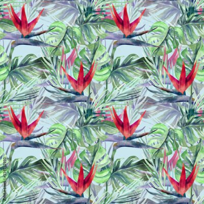 Papier peint  Exotic Plant Seamless Pattern. Watercolor Background with Strelitzia Flowers.