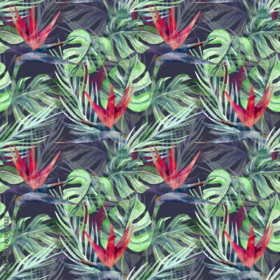 Papier peint  Exotic Plant Seamless Pattern. Watercolor Background with Strelitzia Flowers.