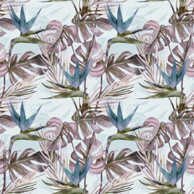 Papier peint  Exotic Plant Seamless Pattern. Watercolor Background with Strelitzia Flowers.