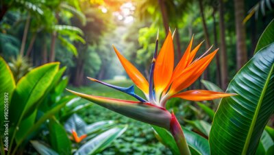 Papier peint  Exotic strelitzia flower blooming in a lush jungle setting, tropical, vibrant, colorful, nature, plant, petals, exotic