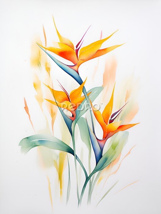 Papier peint  Exotic strelitzia flowers, bird of paradise. Watercolor on white background. For design and decoration of fabric, textile