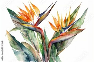Papier peint  Exotic strelitzia flowers, bird of paradise. Watercolor on white background. Generative AI