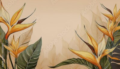 Papier peint  Exotic strelitzia flowers on a light brown background
