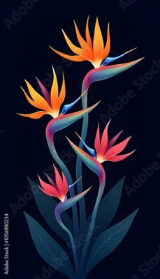 Papier peint  Exotic Strelitzia Flowers Tropical Paradise Garden Beautiful Floral Blossom Display on a Dark Background