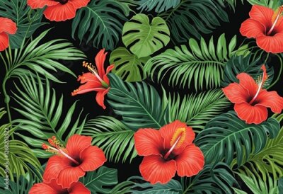 Papier peint  Exotic Tropical Floral Pattern with Hibiscus and Strelitzia on Black Background