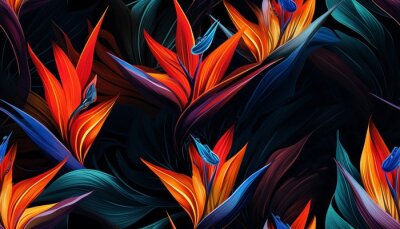 Papier peint  Exotic tropical flowers bird of paradise (strelitzia) red color blue palm leaves dark night jungle background