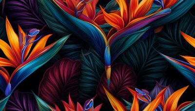 Papier peint  Exotic tropical flowers bird of paradise (strelitzia) red color blue palm leaves dark night jungle background