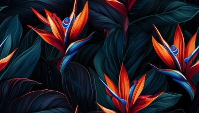 Papier peint  Exotic tropical flowers bird of paradise (strelitzia) red color blue palm leaves dark night jungle background