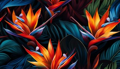 Papier peint  Exotic tropical flowers bird of paradise (strelitzia) red color blue palm leaves dark night jungle background