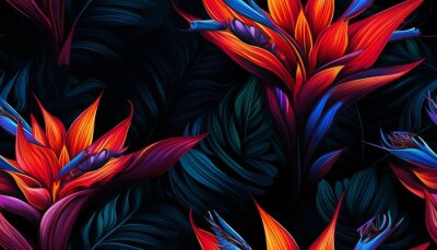 Papier peint  Exotic tropical flowers bird of paradise (strelitzia) red color blue palm leaves dark night jungle background