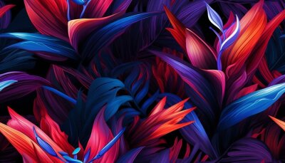 Papier peint  Exotic tropical flowers bird of paradise (strelitzia) red color blue palm leaves dark night jungle background