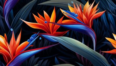 Papier peint  Exotic tropical flowers bird of paradise (strelitzia) red color blue palm leaves dark night jungle background