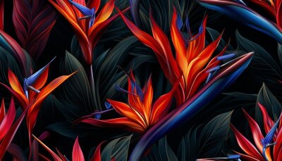 Papier peint  Exotic tropical flowers bird of paradise (strelitzia) red color blue palm leaves dark night jungle background