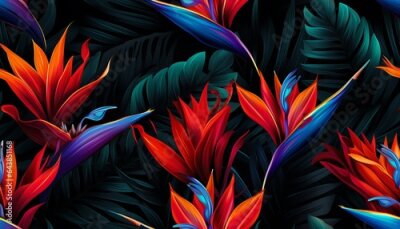 Papier peint  Exotic tropical flowers bird of paradise (strelitzia) red color blue palm leaves dark night jungle background