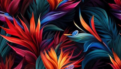 Papier peint  Exotic tropical flowers bird of paradise (strelitzia) red color blue palm leaves dark night jungle background