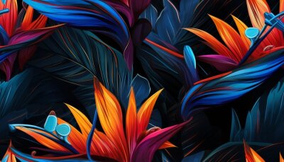 Papier peint  Exotic tropical flowers bird of paradise (strelitzia) red color blue palm leaves dark night jungle background