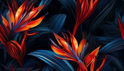 Papier peint  Exotic tropical flowers bird of paradise (strelitzia) red color blue palm leaves dark night jungle background