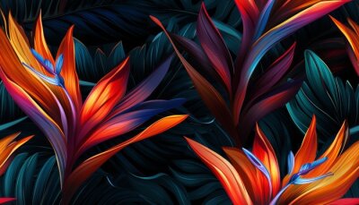 Papier peint  Exotic tropical flowers bird of paradise (strelitzia) red color blue palm leaves dark night jungle background