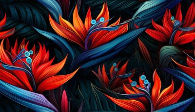 Papier peint  Exotic tropical flowers bird of paradise (strelitzia) red color blue palm leaves dark night jungle background