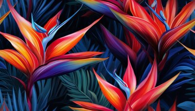 Papier peint  Exotic tropical flowers bird of paradise (strelitzia) red color blue palm leaves dark night jungle background