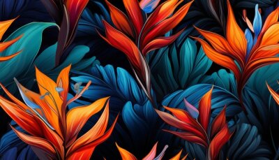 Papier peint  Exotic tropical flowers bird of paradise (strelitzia) red color blue palm leaves dark night jungle background