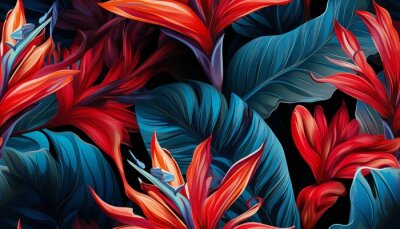 Papier peint  Exotic tropical flowers bird of paradise (strelitzia) red color blue palm leaves dark night jungle background